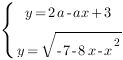 delim{lbrace}{matrix{2}{1}{{y=2a-ax+3} {y=sqrt{-7-8x-x^2}} }}{ } delim{lbrace}{matrix{2}{1}{{y=2a-ax+3} {y=sqrt{-7-8x-x^2}} }}{ }