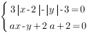 delim{lbrace}{matrix{2}{1}{{3delim{|}{x-2}{|}-delim{|}{y}{|}-3=0} {ax-y+2a+2=0} }}{ } 