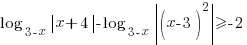 log_{3-x}{delim{|}{x+4}{|}}-log_{3-x}{delim{|}{(x-3)^2}{|}}>=-2 log_{3-x}{delim{|}{x+4}{|}}-log_{3-x}{delim{|}{(x-3)^2}{|}}>=-2