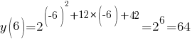 y(6)=2^{(-6)^2+12*(-6)+42}=2^6=64