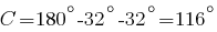 C=180^{circ}-32^{circ}-32^{circ}=116^{circ}